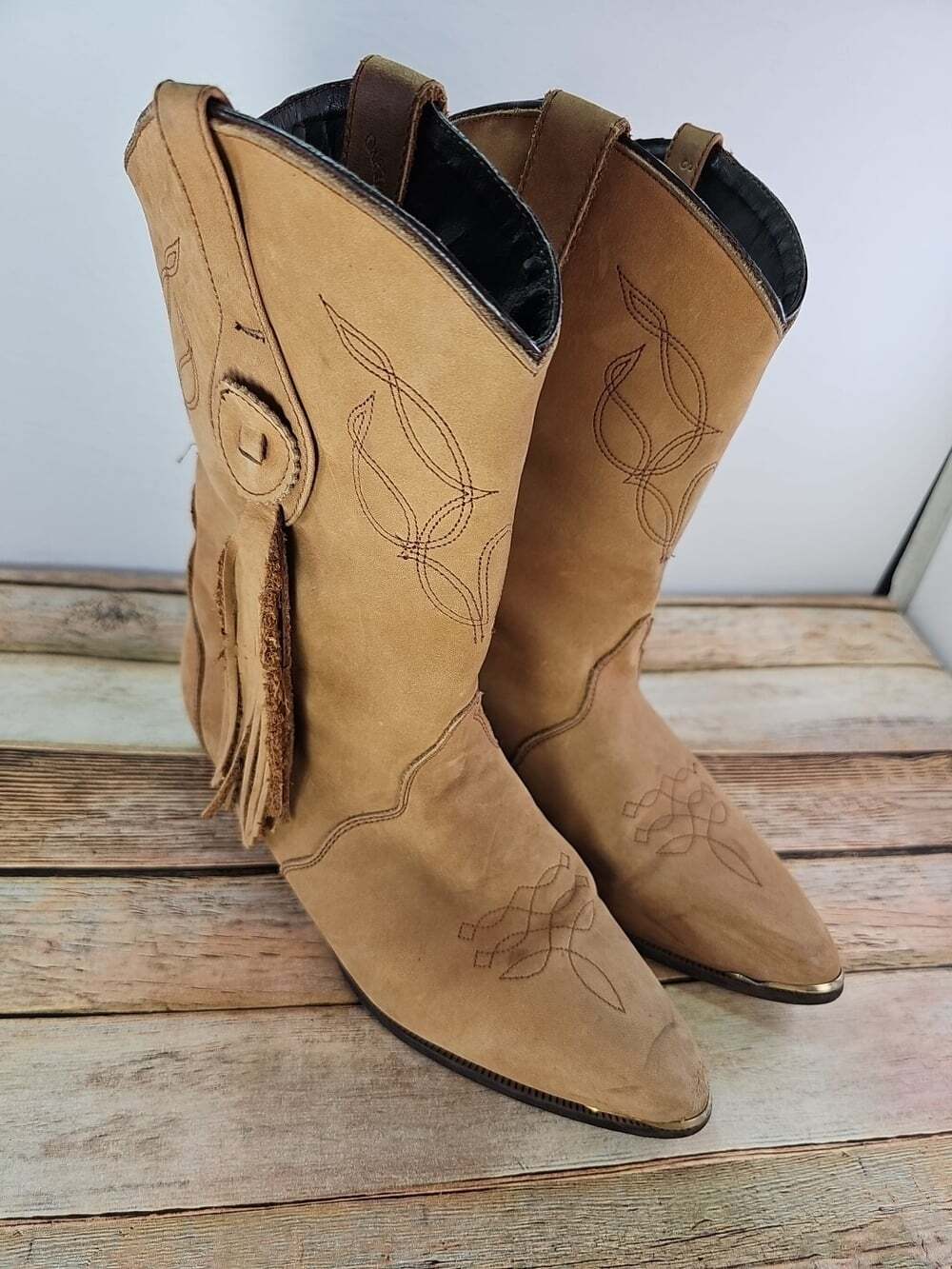 OAK TREE FARMS Womens Cowboy Western Fringe Boots Tan Leather Size 8